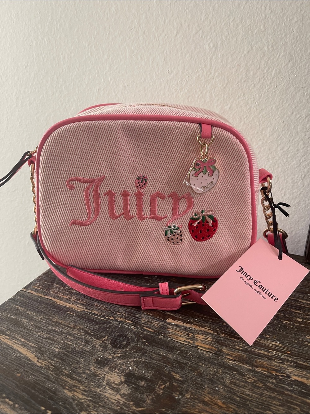 Juicy Couture Pink Strawberry Camera Bag Crossbody Embroidered Canvas NWT